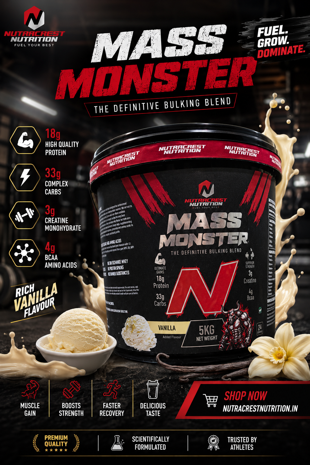 Mass Monster 5KG Mass Gainer | 18g Protein | 33g Complex Carbs | 3g Creatine | 4g BCAA | Premium Weight & Muscle Gainer | Available in 4 Flavours